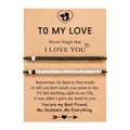 Handmade black and white woven beaded bracelet set on a To My Love gift card for couples - Bead Password Style 2 (To My Love) / Set of 2 / Black and White