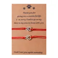 Handmade red wax rope bracelets with silver paw charms on pet memorial card pack - Cat Paw Style / Set of 2 / Red + Silver