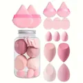 14-piece pink makeup sponge and powder puff set in clear storage jar for wet and dry use - Set of 14 / Pink Series