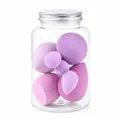 Set de esponjas de maquillaje violetas y rosas en tarro transparente con tapa plata - Estilo A (4 Grande 3 Pequeño) / Serie Púrpura