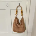 Grand sac de plage en crochet fait main avec anse en perles de bois beige - Kaki
