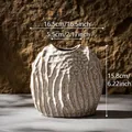 Minimalist white textured ceramic flower vase with ripple pattern and size dimensions - Roman Holiday-1 (Flat Round Style) / Boxed