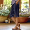 Vue latérale du pantalon court ample en coton et lin bleu marine pour femme avec poche - S / Bas / Bleu foncé