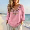 Close-up of pink V-neck cotton linen blouse with intricate colorful embroidery detail - S / Tops / Light Pink