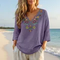 Detailed embroidery on purple vintage cotton linen V-neck blouse with 3/4 sleeves - Lavender