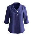 Detailopname van een paarse katoenen linnen blouse met een sjaalkraag en witte knopen vooraan - S / Top(2677) / Donkerblauw