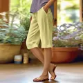 Short décontracté en coton et lin pour femmes avec poches de couleur jaune - S / Bas / Jaune