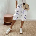 Women's casual white cotton linen shorts with purple floral print and drawstring waist. - S / Bottoms / Purple