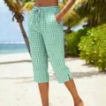 Women's casual green checkered cotton linen cropped pants with elastic drawstring waist - S / Bottoms / Orange/White Plaid