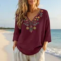Detail view of women's vintage cotton linen top with colorful floral neck embroidery - Burgundy