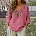 Vintage pink cotton linen blouse with detailed V-neck embroidery and 3/4 sleeves - S / Tops / Dusty Pink