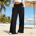 Women's black high waist wide leg casual trousers styled for a summer beach vacation - S / Bottoms / Navy Blue