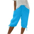 Detail of bright blue women's cotton linen pants with drawstring waist and pockets - S / Bottoms / Sapphire Blue