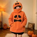 Funny Halloween pumpkin oversized fleece hoodie with zipper hood detail and festive design - S / Funny Smile Pumpkin Style 15 (Top) / Orange