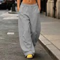 High-waist gray wide-leg floor-length sweatpants with elastic drawstring waist on street - S / Bottoms / Light Gray