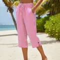 Casual red and white vertical striped cropped pants with drawstring waist for summer - S / Bottoms / Red and White Striped