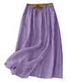Casual paarse linnen maxi-rok met hoge taille, bloemenborduurwerk en trekkoord in de taille. - M / Bottoms / Bleek Erwtengroen