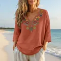 Vintage bohemian embroidered v-neck cotton linen blouse in elegant burnt orange finish - S / Tops / Terracotta