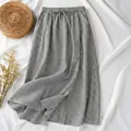 Casual high-waisted gingham midi skirt in soft cotton linen fabric - M / Bottoms / Light Gray