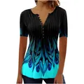 Elegantes Damen-Kurzarm-T-Shirt mit blauem Blumendruck und V-Ausschnitt mit Knöpfen. - S / Oberteile / Schwarz