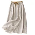 Elegant high-waisted beige linen maxi skirt with drawstring and delicate embroidery - M / Bottoms / Milky White