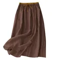 Elegante bruine casual lange rok met hoge taille en een mosterdgeel trekkoord - M / Bottoms / Donker Bosgroen