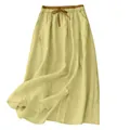 Yellow high waist linen-blend long skirt with drawstring and floral embroidery - M / Bottoms / Light Lemon Yellow