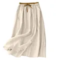 Beige losse casual maxi-rok met hoge taille en bruine elastische tailleband - M / Bottoms / Wit