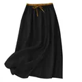 Elegant vintage black cotton linen maxi skirt with elastic high waist and brown drawstring - M / Bottoms / Black