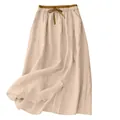 Vintage beige cotton linen maxi skirt with elastic high waist and drawstring - M / Bottoms / Apricot