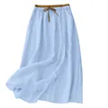 Women's light blue cotton linen maxi skirt with high elastic waist and drawstring - M / Bottoms / Light Blue