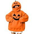 Felpa con cappuccio arancione oversize a tema zucca di Halloween con pratica zip - Taglia S / Stile Picciolo di Zucca 3D (款式41) (Maglia) / Arancione