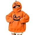 Felpa con cappuccio arancione oversize per Halloween da donna con stampa zucca carina - Taglia S / Stile Jack-o'-Lantern Divertente (款式28) (Maglia) / Arancione