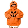 Felpa con cappuccio arancione oversize per Halloween con divertente faccia di zucca - Taglia S / Stile Sorriso Malvagio di Zucca (款式35) (Maglia) / Arancione