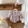 Cute baby long sleeve floral romper with ruffles, sweet infant cotton bodysuit spring. - 66cm