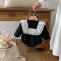 Cute baby long-sleeve romper with contrast white lace collar, stylish infant bodysuit. - 66cm / Black