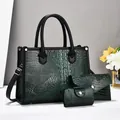 Elegante 3-delige tassenset met groene krokodillenstructuur: grote shopper, clutch en portemonnee - 3-delige set / Groen
