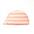 Rosa cremefarbene gestreifte Kosmetiktasche mit Pompon, schicke Muschel Schminktasche. - Cremeposa Gestreift