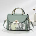 Elegant sage green splicing handbag with retro paisley print and gold hardware. - Green