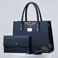 Stijlvolle donkerblauwe handtassenset voor dames met luipaardprint en gouden details - 3-delige set / Blauw