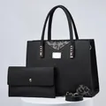Elegant 2-piece black handbag set featuring large tote bag and matching clutch purse - Three-Piece Set / Black