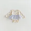 Baby lange mouw tutu romper in crème met blauwe strikken en schattige tule rokje. - 66cm / Blauw