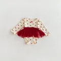 Schattige baby meisjes lange mouw romper jurk met schattige harten print en rode tule rok. - 66cm / Rood