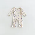 Cute infant baby long sleeve romper, soft ribbed cotton material with sweet blue bow prints. - 66cm / Blue