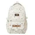 Cute printed student backpack for girls, large capacity lightweight school bag with star pattern. - With Pendant / White