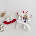 Baby summer short sleeve romper set with matching hat and cute bear design, comfortable cotton. - 73cm / Red