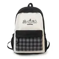Cute Japanese style canvas backpack with contrast color and plaid pocket for students. - Single Bag / Black