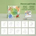 Juego de pintura de acuarela portátil con 12 colores y libro de colorear floral DIY - 30 Hojas/Paquete / Fruta Floral