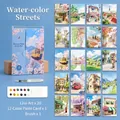 Portable watercolor coloring kit including 20 line art pages and 12-color pigment card with brush - Cityscape Theme / 20 Pages/Pack