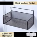 Cesta de almacenamiento de malla negra para pared sin taladro con tres ganchos adhesivos - Estilo de Doble Columna / 24cm (With 3 Hooks) / Negro